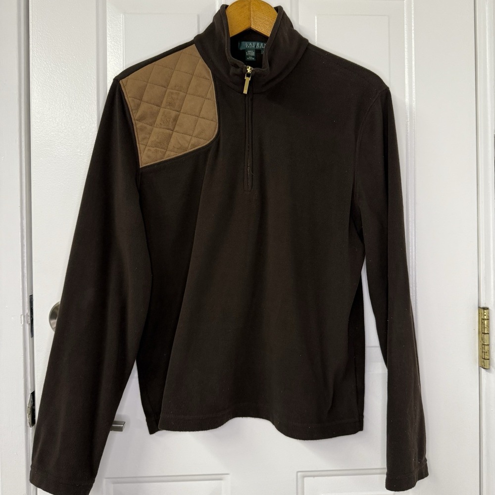 Lauren Ralph Lauren Womens‎ Brown Polar Fleece 1/4 Zip Faux Suede Patch Sz Large